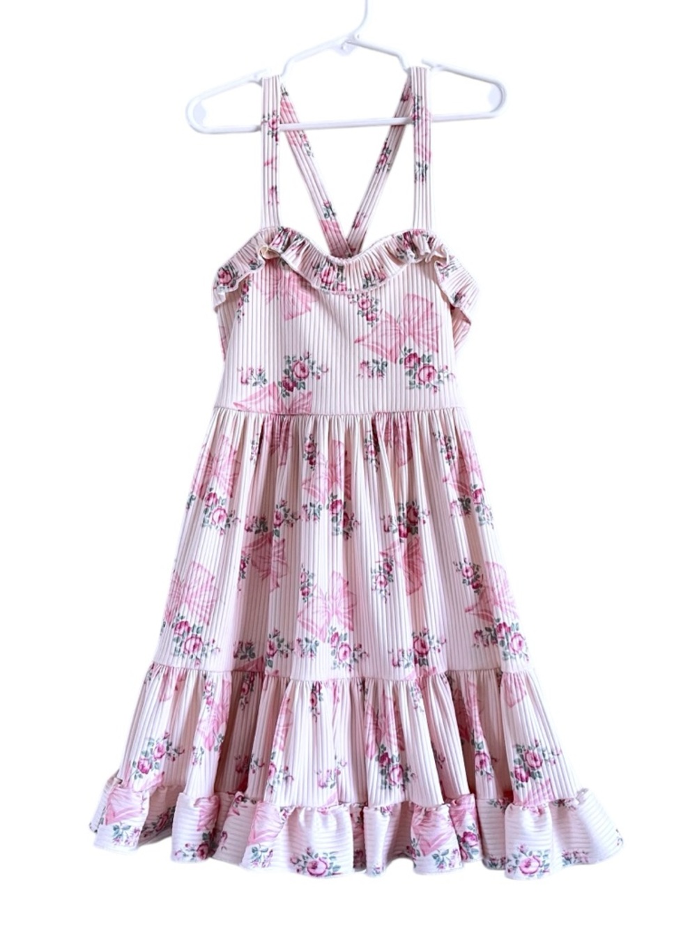 Sleeveless Ruffle Hem Bow & Floral Print Dress